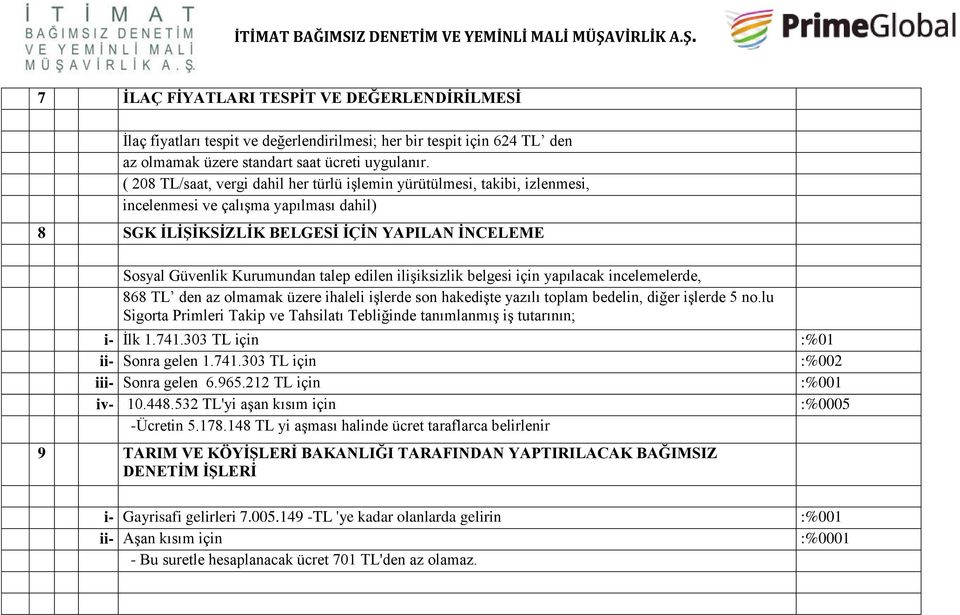 edilen ilişiksizlik belgesi için yapılacak incelemelerde, 868 TL den az olmamak üzere ihaleli işlerde son hakedişte yazılı toplam bedelin, diğer işlerde 5 no.