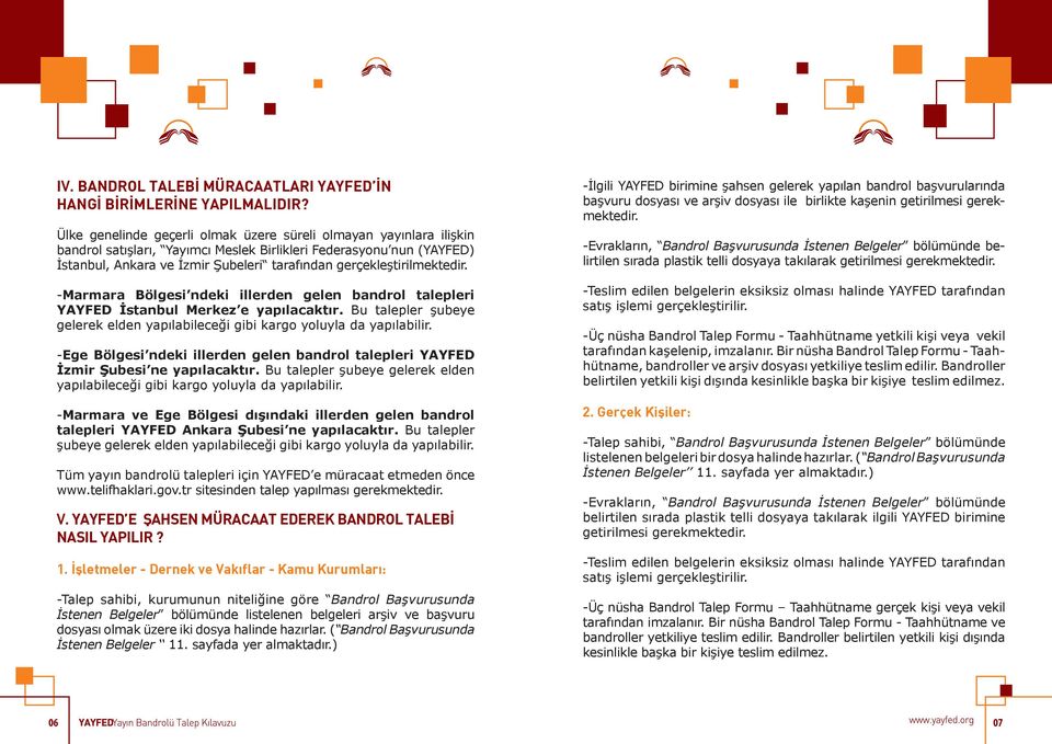gerçekleştirilmektedir. -Marmara Bölgesi ndeki illerden gelen bandrol talepleri YAYFED İstanbul Merkez e yapılacaktır.