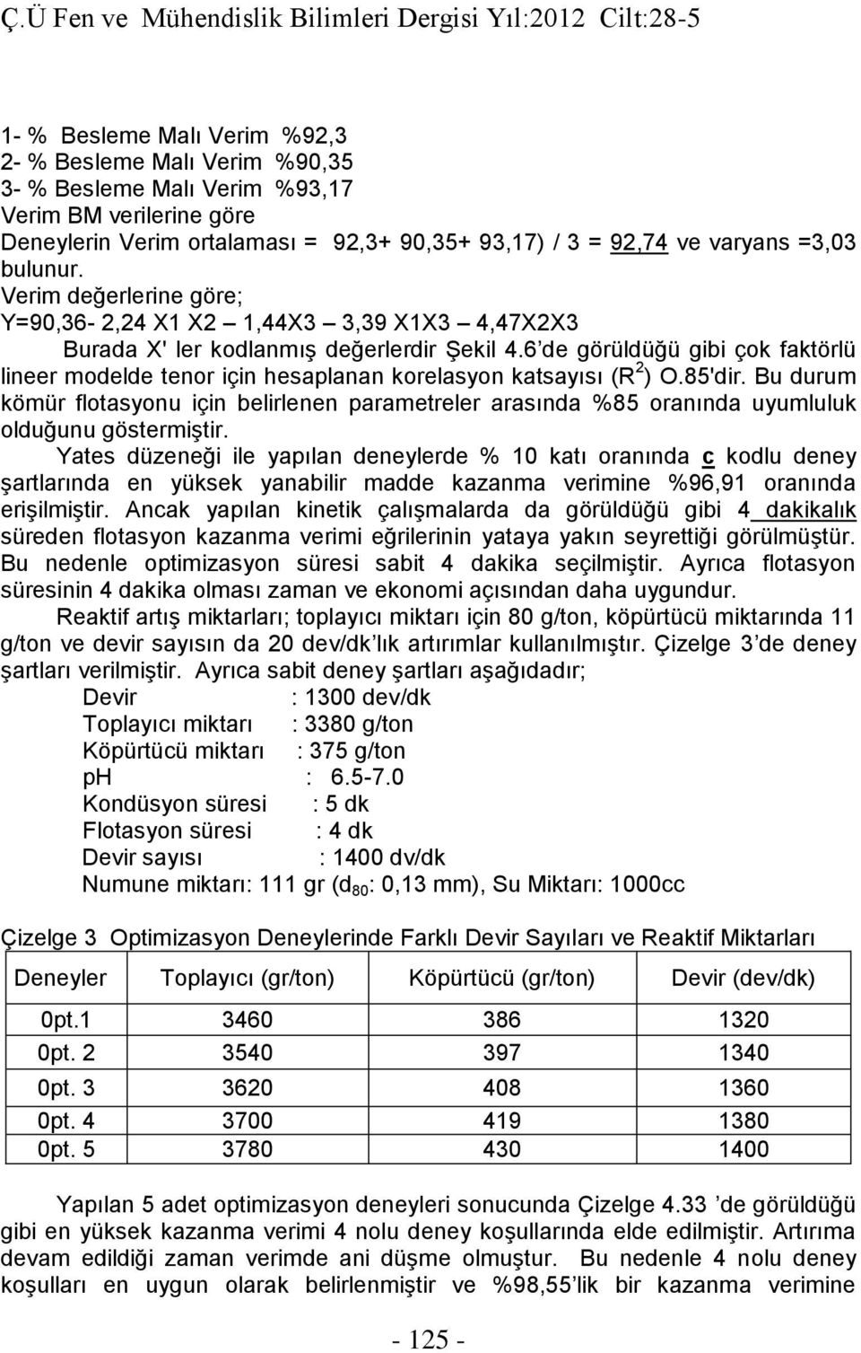 6 de görüldüğü gibi çok faktörlü lineer modelde tenor için hesaplanan korelasyon katsayısı (R ) O.85'dir.