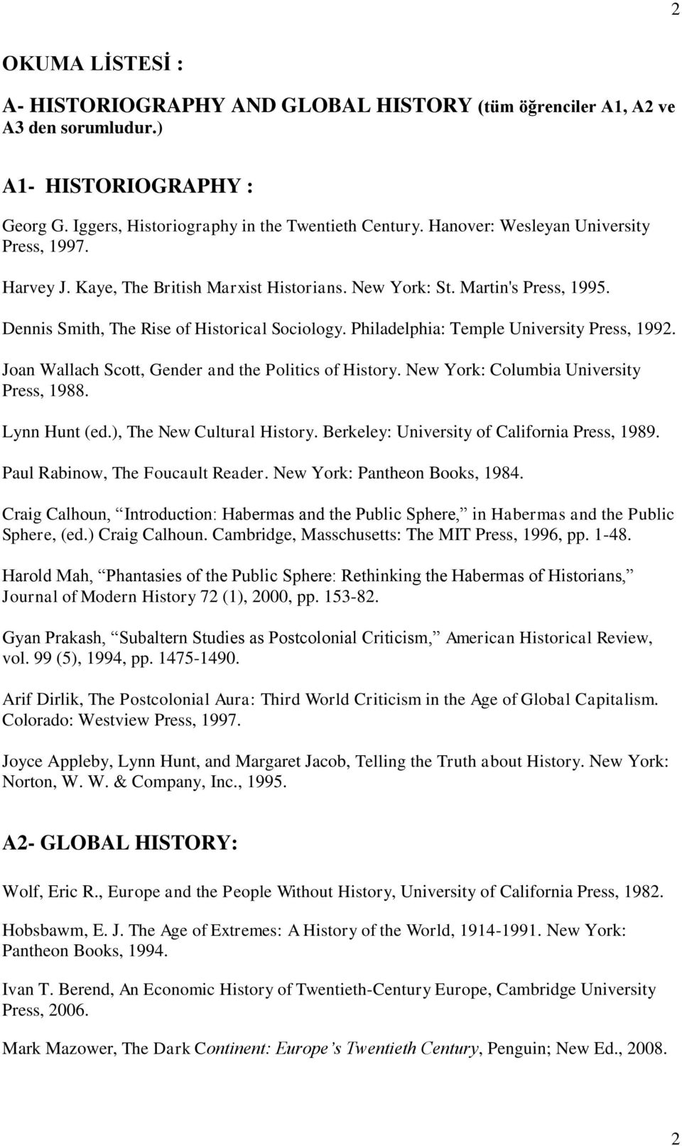 Philadelphia: Temple University Press, 1992. Joan Wallach Scott, Gender and the Politics of History. New York: Columbia University Press, 1988. Lynn Hunt (ed.), The New Cultural History.