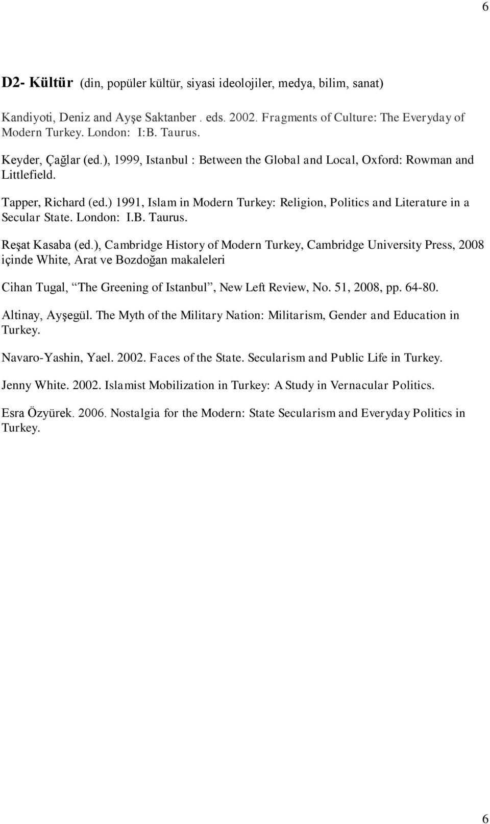 ) 1991, Islam in Modern Turkey: Religion, Politics and Literature in a Secular State. London: I.B. Taurus. Reşat Kasaba (ed.