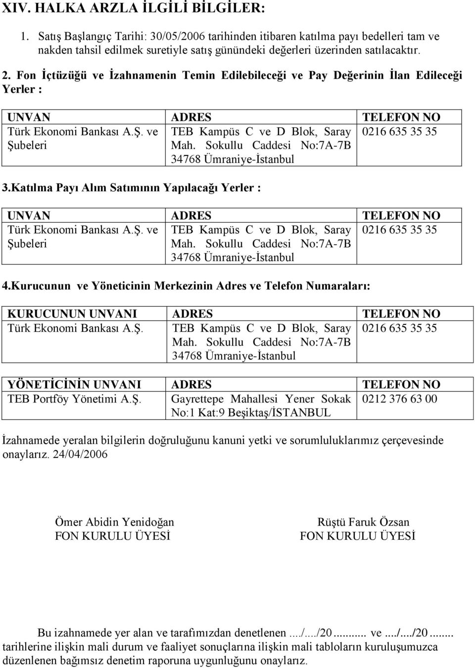 Fon İçtüzüğü ve İzahnamenin Temin Edilebileceği ve Pay Değerinin İlan Edileceği Yerler : UNVAN ADRES TELEFON NO Türk Ekonomi Bankası A.Ş. ve Şubeleri TEB Kampüs C ve D Blok, Saray Mah.