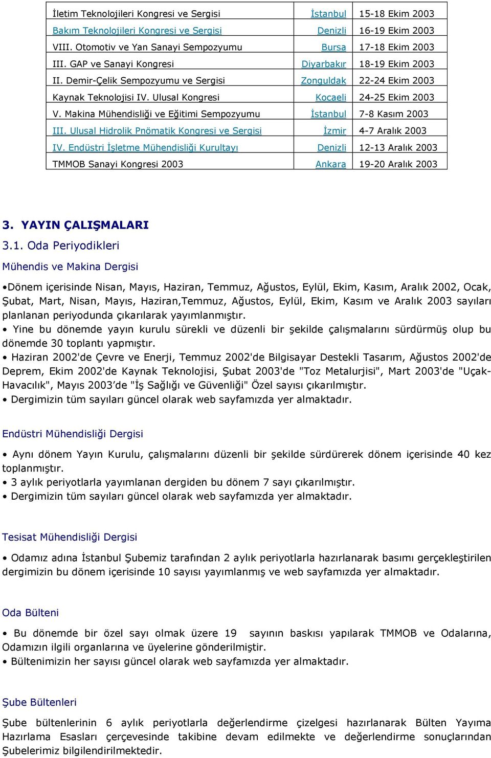 Makina Mühendisliği ve Eğitimi Sempozyumu Đstanbul 7-8 Kasım 2003 III. Ulusal Hidrolik Pnömatik Kongresi ve Sergisi Đzmir 4-7 Aralık 2003 IV.