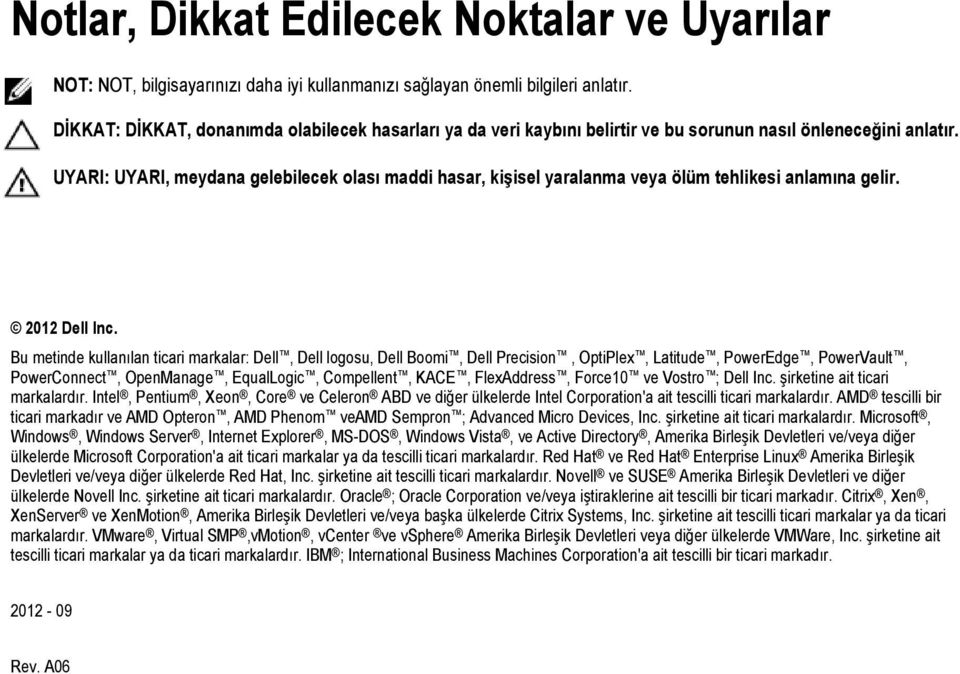 UYARI: UYARI, meydana gelebilecek olası maddi hasar, kişisel yaralanma veya ölüm tehlikesi anlamına gelir. 2012 Dell Inc.