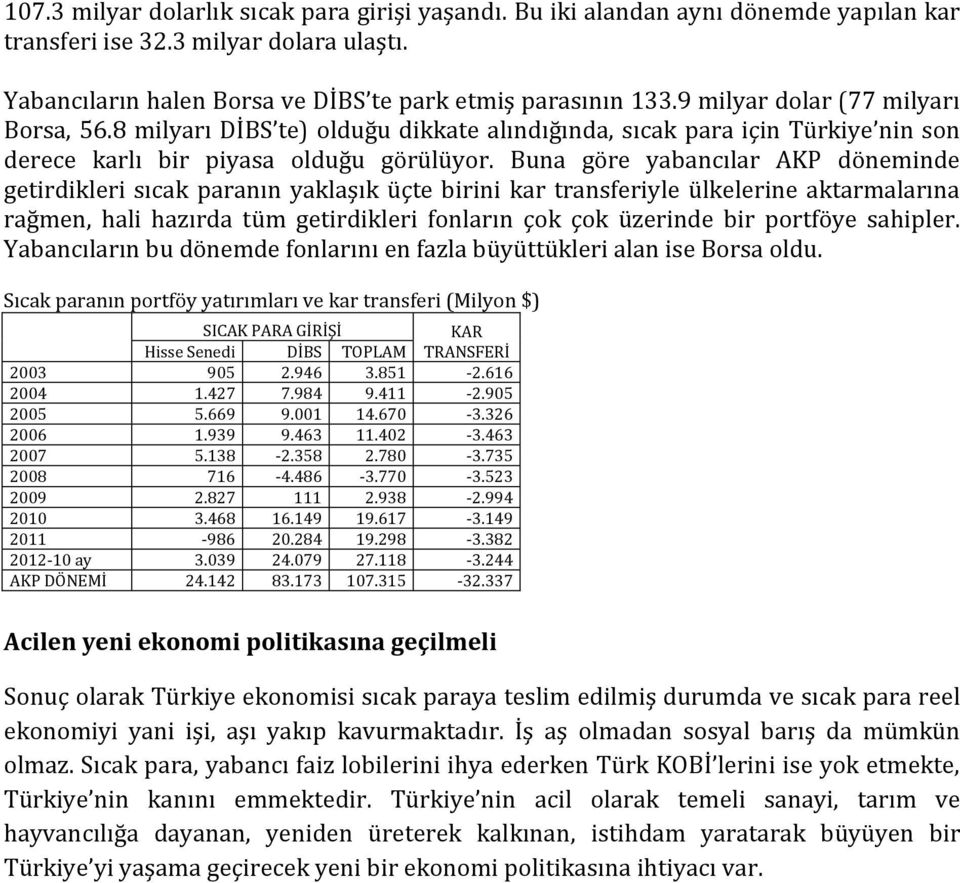 Buna göre yabancılar AKP döneminde getirdikleri sıcak paranın yaklaşık üçte birini kar transferiyle ülkelerine aktarmalarına rağmen, hali hazırda tüm getirdikleri fonların çok çok üzerinde bir