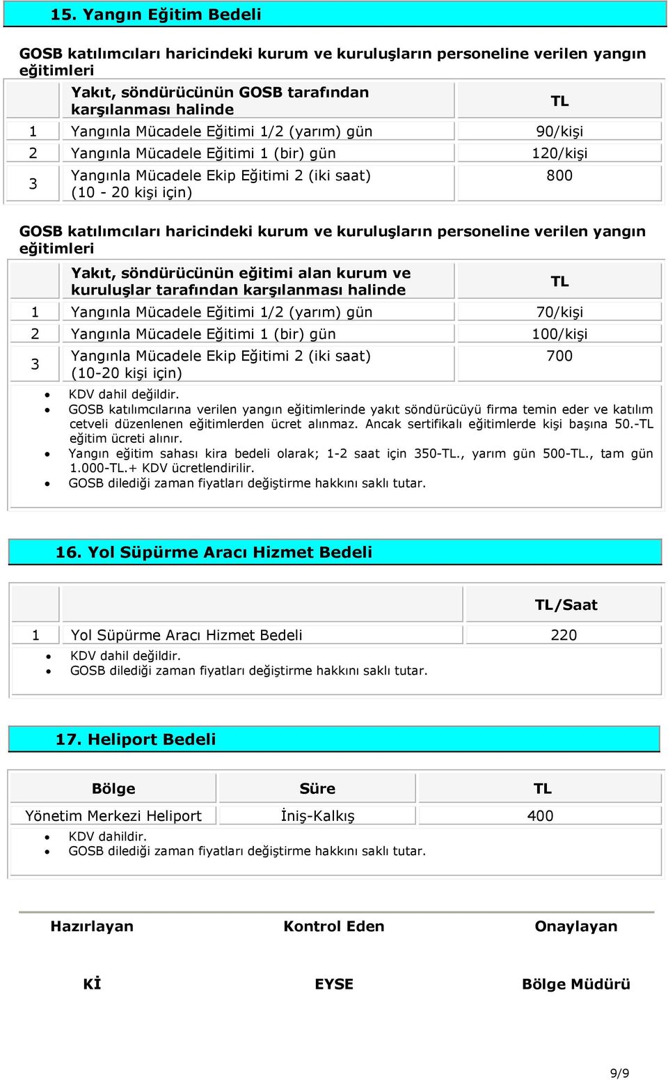 personeline verilen yangın eğitimleri Yakıt, söndürücünün eğitimi alan kurum ve kuruluşlar tarafından karşılanması halinde 1 Yangınla Mücadele Eğitimi 1/2 (yarım) gün 70/kişi 2 Yangınla Mücadele