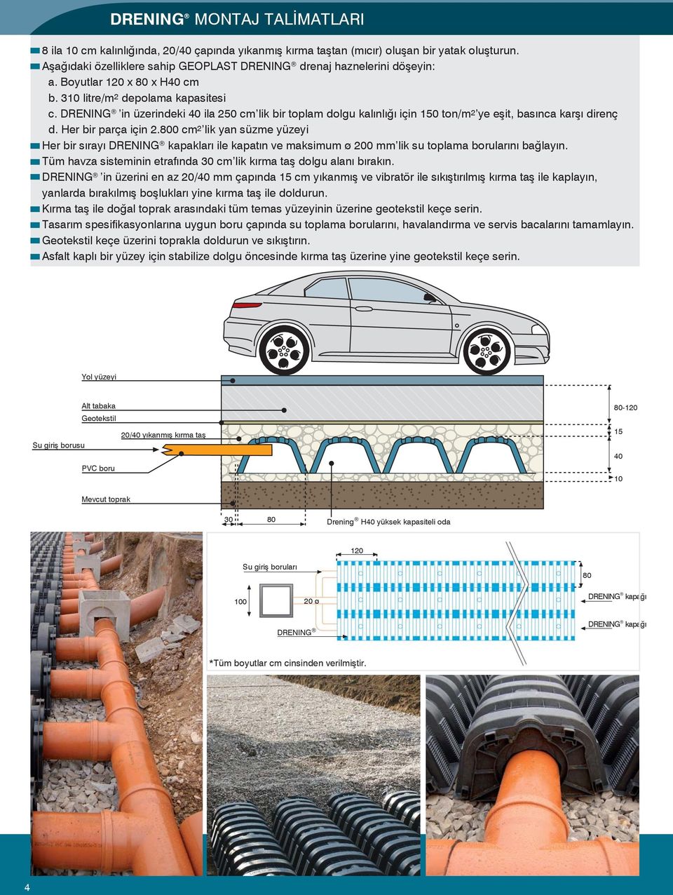 Her bir parça için 2.800 cm 2 lik yan süzme yüzeyi Her bir sırayı DRENING kapakları ile kapatın ve maksimum ø 200 mm lik su toplama borularını bağlayın.