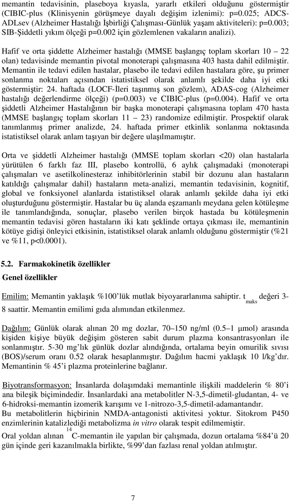 Hafif ve orta şiddette Alzheimer hastalığı (MMSE başlangıç toplam skorları 10 22 olan) tedavisinde memantin pivotal monoterapi çalışmasına 403 hasta dahil edilmiştir.