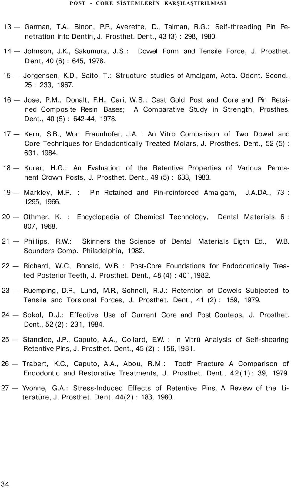 , Cari, W.S.: Cast Gold Post and Core and Pin Retained Composite Resin Bases; A Comparative Study in Strength, Prosthes. Dent., 40 (5) : 642-44, 1978. 17 Kern, S.B., Won Fraunhofer, J.A. : An Vitro Comparison of Two Dowel and Core Techniques for Endodontically Treated Molars, J.