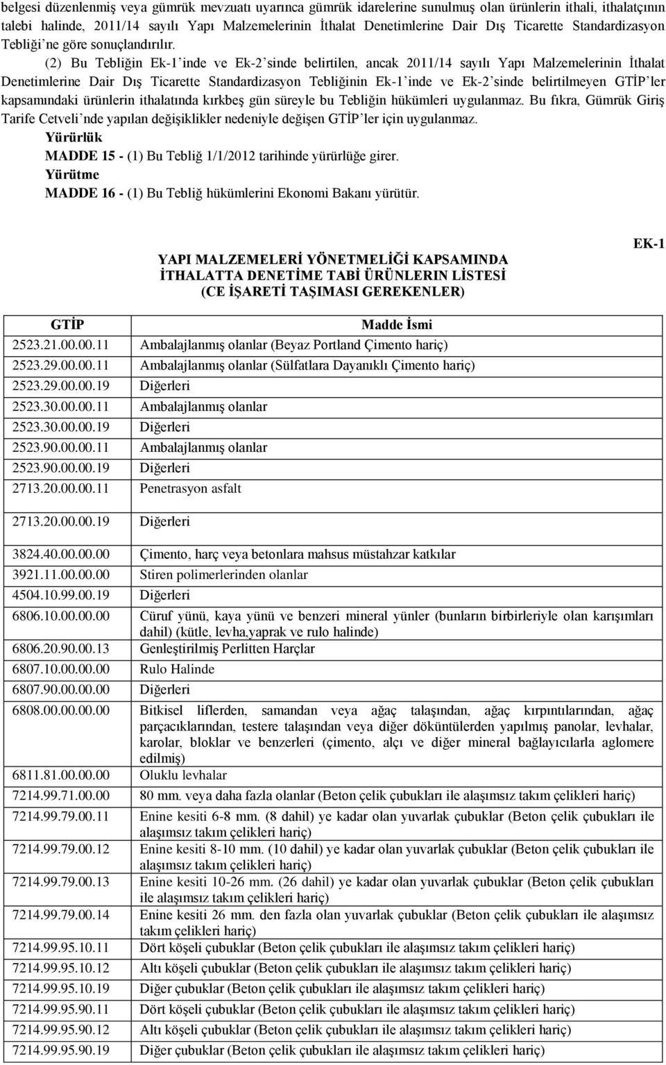 (2) Bu Tebliğin Ek-1 inde ve Ek-2 sinde belirtilen, ancak 2011/14 sayılı Yapı Malzemelerinin İthalat Denetimlerine Dair Dış Ticarette Standardizasyon Tebliğinin Ek-1 inde ve Ek-2 sinde belirtilmeyen