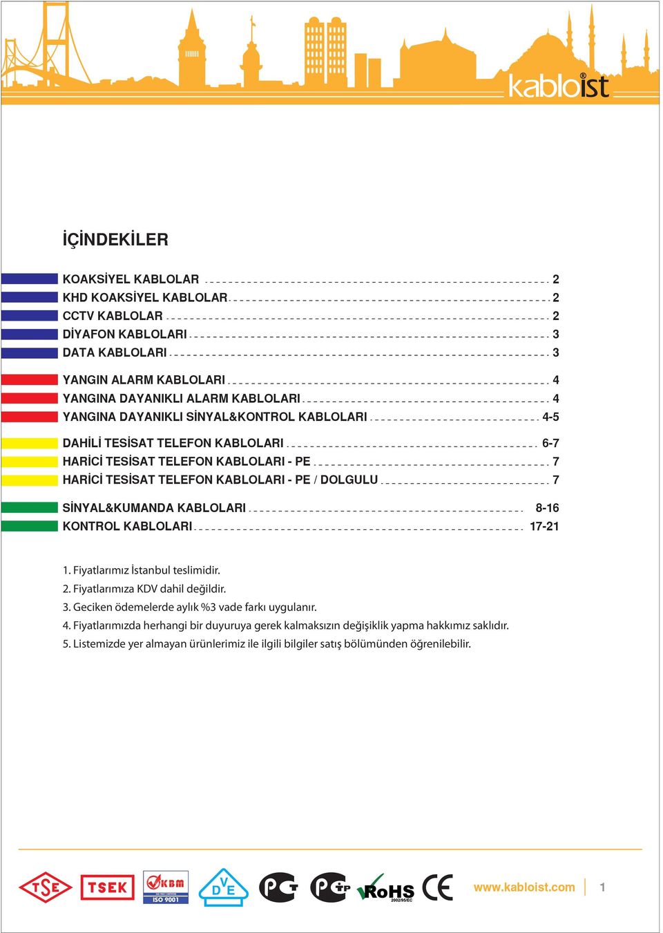 NYAL&KUMANDA KABLOLARI 8-16 KONTROL KABLOLARI 17-21 1. Fiyatlarımız İstanbul teslimidir. 2. Fiyatlarımıza KDV dahil değildir. 3. Geciken ödemelerde aylık %3 vade farkı uygulanır.