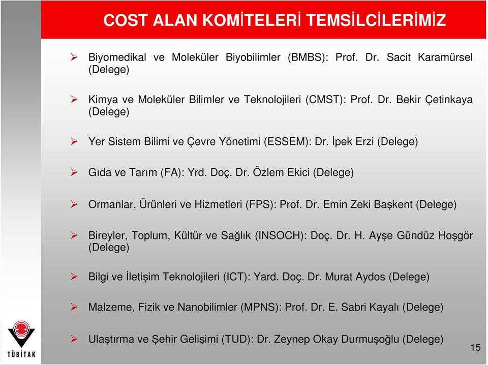 Dr. Emin Zeki Başkent (Delege) Bireyler, Toplum, Kültür ve Sağlık (INSOCH): Doç. Dr. H. Ayşe Gündüz Hoşgör (Delege) Bilgi ve İletişim Teknolojileri (ICT): Yard. Doç. Dr. Murat Aydos (Delege) Malzeme, Fizik ve Nanobilimler (MPNS): Prof.