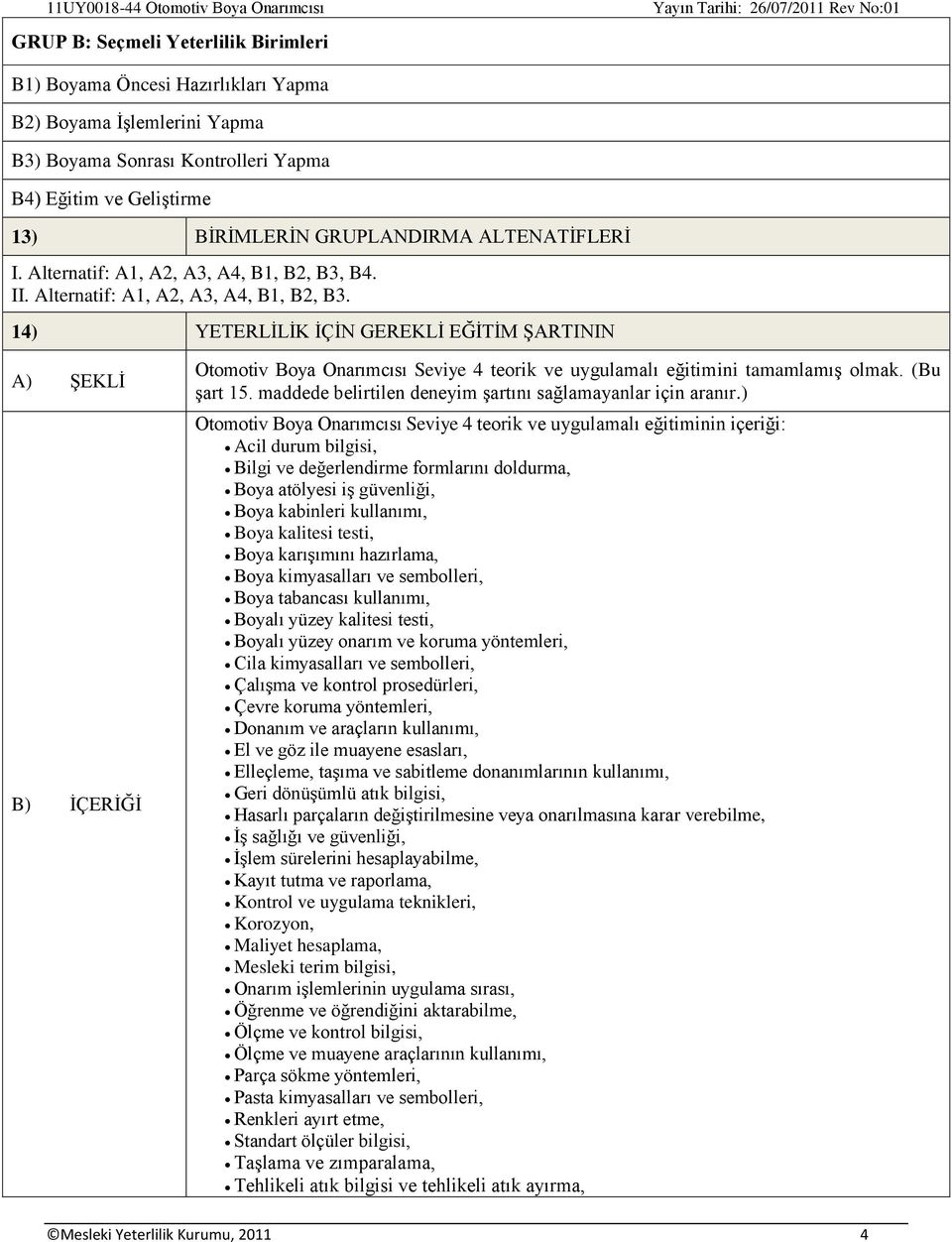 B4. II. Alternatif: A1, A2, A3, A4, B1, B2, B3. 14) YETERLİLİK İÇİN GEREKLİ EĞİTİM ŞARTININ A) ŞEKLİ B) İÇERİĞİ Otomotiv Boya Onarımcısı Seviye 4 teorik ve uygulamalı eğitimini tamamlamış olmak.