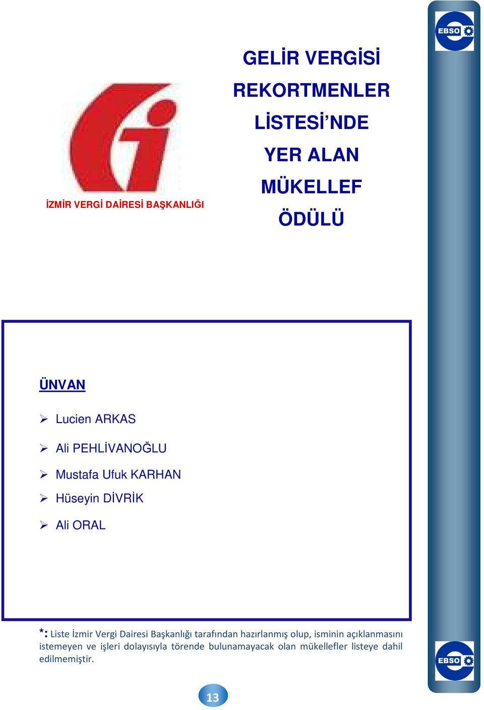 Liste İzmir Vergi Dairesi Başkanlığı tarafından hazırlanmış olup, isminin açıklanmasını