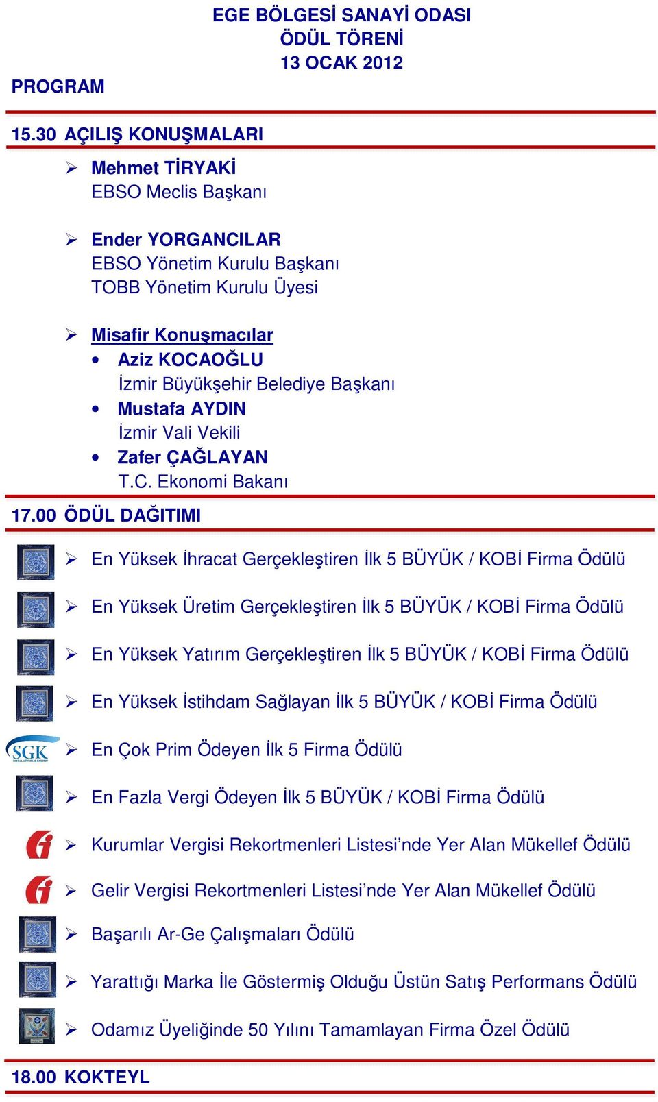 Mustafa AYDIN Đzmir Vali Vekili Zafer ÇAĞLAYAN T.C. Ekonomi Bakanı 17.