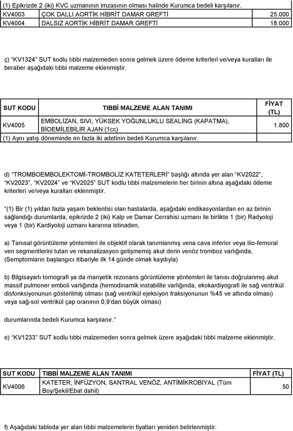 SUT KODU EMBOLİZAN, SIVI, YÜKSEK YOĞUNLUKLU SEALİNG (KAPATMA), KV4005 BİOEMİLEBİLİR AJAN (1cc) (1) Aynı yatış döneminde en fazla iki adetinin bedeli Kurumca karşılanır. FİYAT (TL) 1.