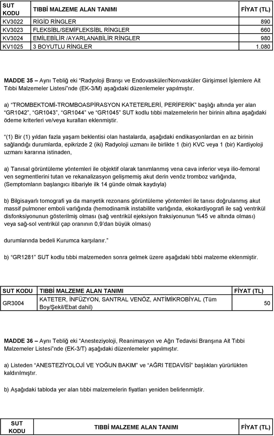 a) TROMBEKTOMİ-TROMBOASPİRASYON KATETERLERİ, PERİFERİK başlığı altında yer alan GR1042, GR1043, GR1044 ve GR1045 SUT kodlu tıbbi malzemelerin her birinin altına aşağıdaki ödeme kriterleri ve/veya