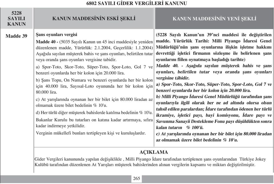 a) Spor-Toto, Skor-Toto, Süper-Toto, Spor-Loto, Gol 7 ve benzeri oyunlarda her bir kolon için 20.000 lira. b) fians Topu, On Numara ve benzeri oyunlarda her bir kolon için 40.