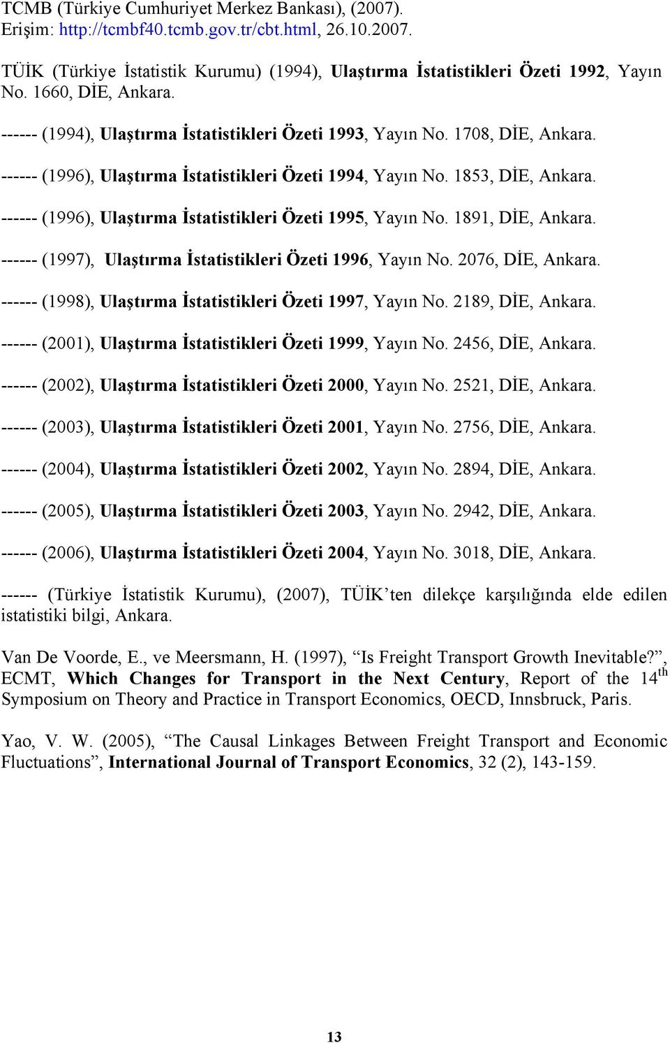 ------ (1996), Ulaşırma İsaisikleri Özei 1995, Yayın No. 1891, DİE, Ankara. ------ (1997), Ulaşırma İsaisikleri Özei 1996, Yayın No. 2076, DİE, Ankara.