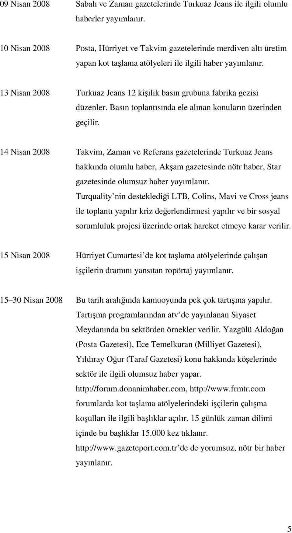 13 Nisan 2008 Turkuaz Jeans 12 kişilik basın grubuna fabrika gezisi düzenler. Basın toplantısında ele alınan konuların üzerinden geçilir.