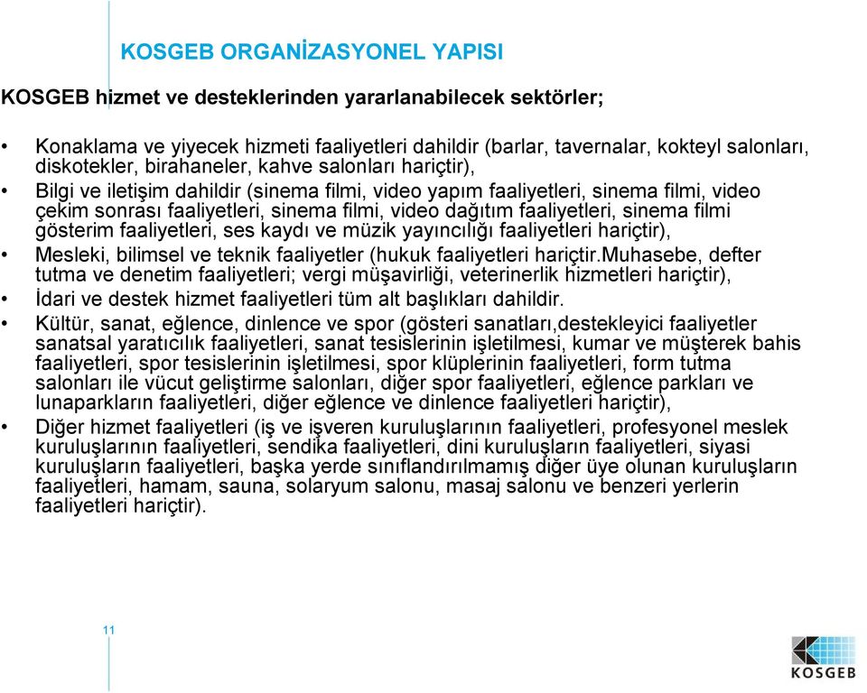 sinema filmi gösterim faaliyetleri, ses kaydı ve müzik yayıncılığı faaliyetleri hariçtir), Mesleki, bilimsel ve teknik faaliyetler (hukuk faaliyetleri hariçtir.