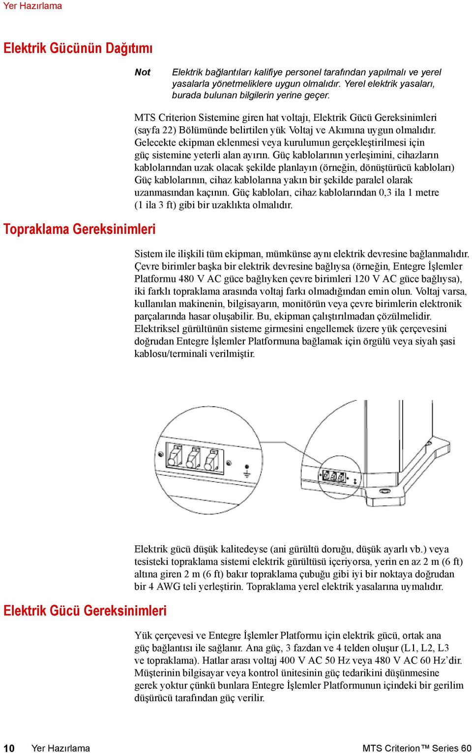Topraklama Gereksinimleri MTS Criterion Sistemine giren hat voltajı, Elektrik Gücü Gereksinimleri (sayfa 22) Bölümünde belirtilen yük Voltaj ve Akımına uygun olmalıdır.