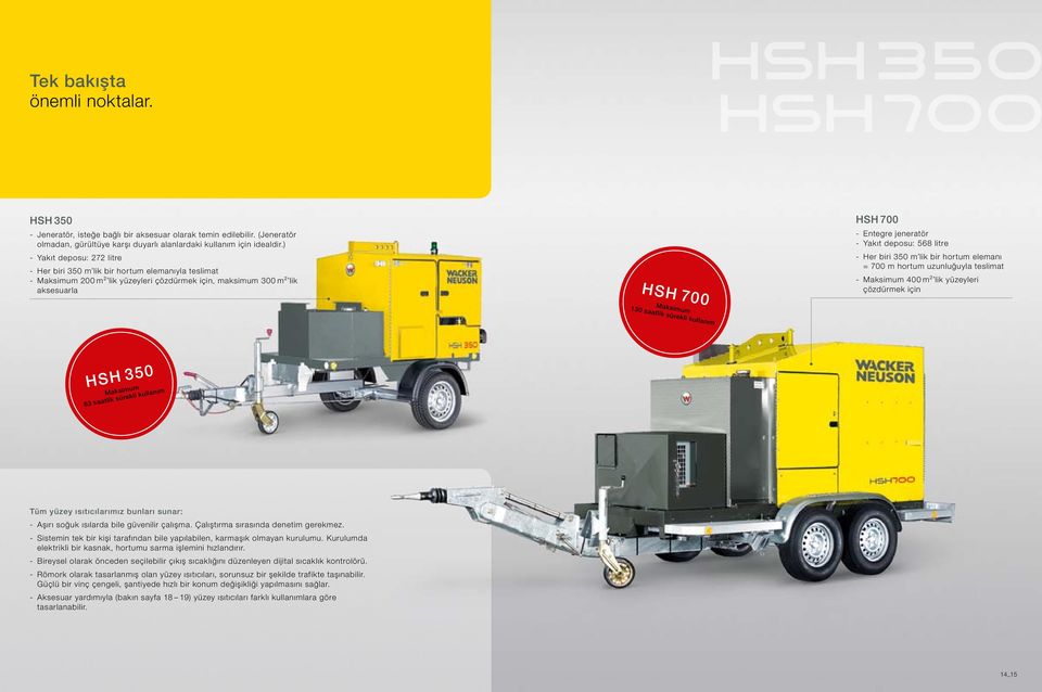kullanım HSH 700 - Entegre jeneratör - Yakıt deposu: 568 litre - Her biri 350 m lik bir hortum elemanı = 700 m hortum uzunluğuyla teslimat - Maksimum 400 m² lik yüzeyleri çözdürmek için HSH 350