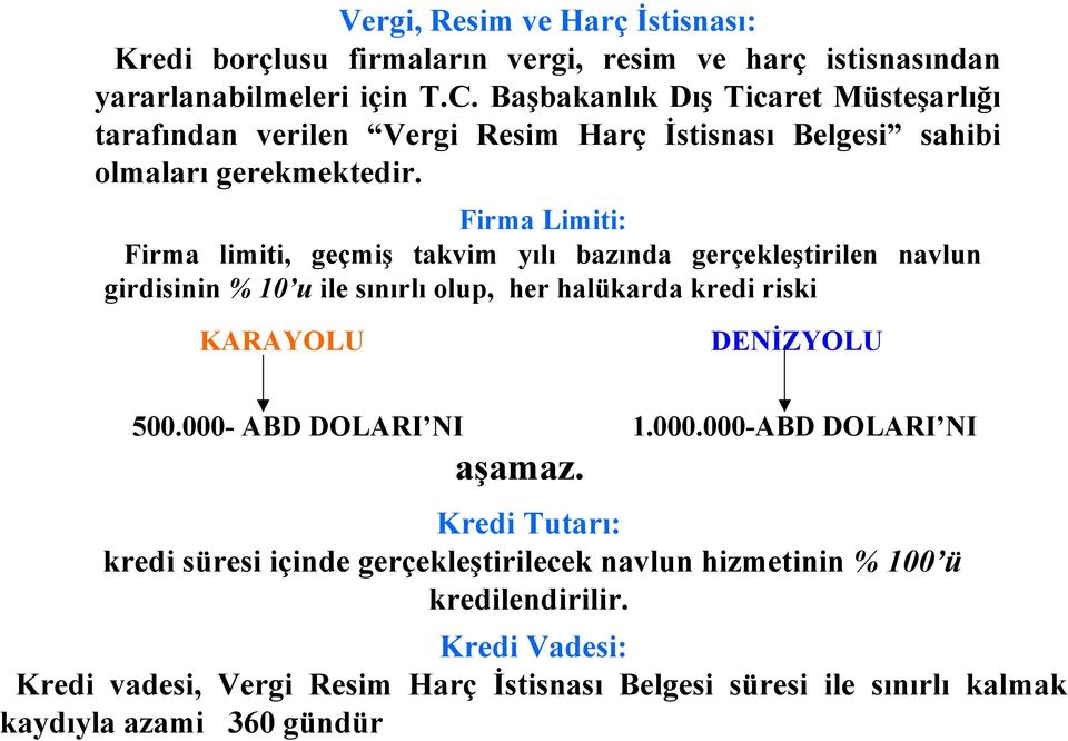 Firma Limiti: Firma limiti, geçmiş takvim yılı bazında gerçekleştirilen navlun girdisinin % 10 u ile sınırlı olup, her halükarda kredi riski KARAYOLU DENİZYOLU 500.