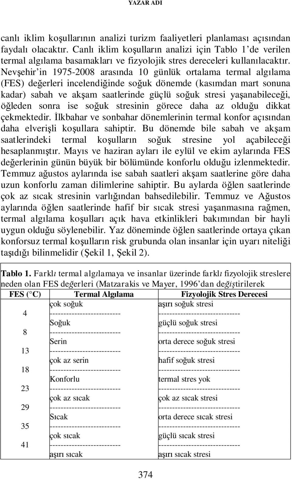 Nevşehir in 1975-2008 arasında 10 günlük ortalama termal algılama (FES) değerleri incelendiğinde soğuk dönemde (kasımdan mart sonuna kadar) sabah ve akşam saatlerinde güçlü soğuk stresi