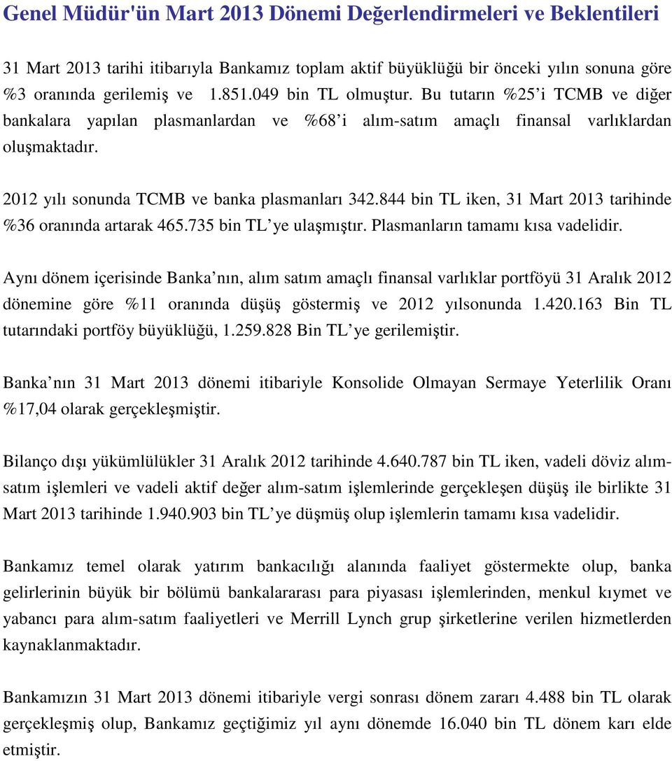 844 bin TL iken, 31 Mart 2013 tarihinde %36 oranında artarak 465.735 bin TL ye ulaşmıştır. Plasmanların tamamı kısa vadelidir.