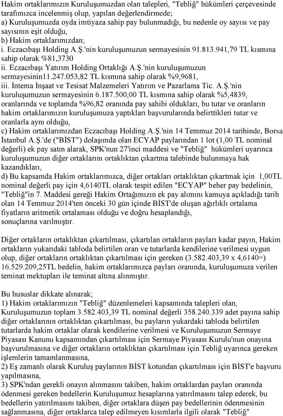 Eczacıbaşı Yatırım Holding Ortaklığı A.Ş.'nin kuruluşumuzun sermayesinin11.247.053,82 TL kısmına sahip olarak %9,9681, iii. İntema İnşaat ve Tesisat Malzemeleri Yatırım ve Pazarlama Tic. A.Ş.'nin kuruluşumuzun sermayesinin 6.