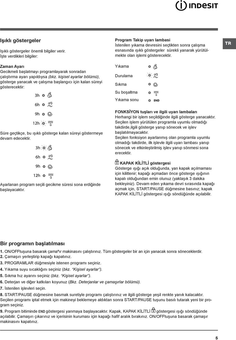 göstergeler sürekli yanarak yürütülmekte olan işlemi gösterecektir. Yıkama Durulama Sıkma Su boşaltma Yıkama sonu Süre geçtikçe, bu ışıklı gösterge kalan süreyi göstermeye devam edecektir.