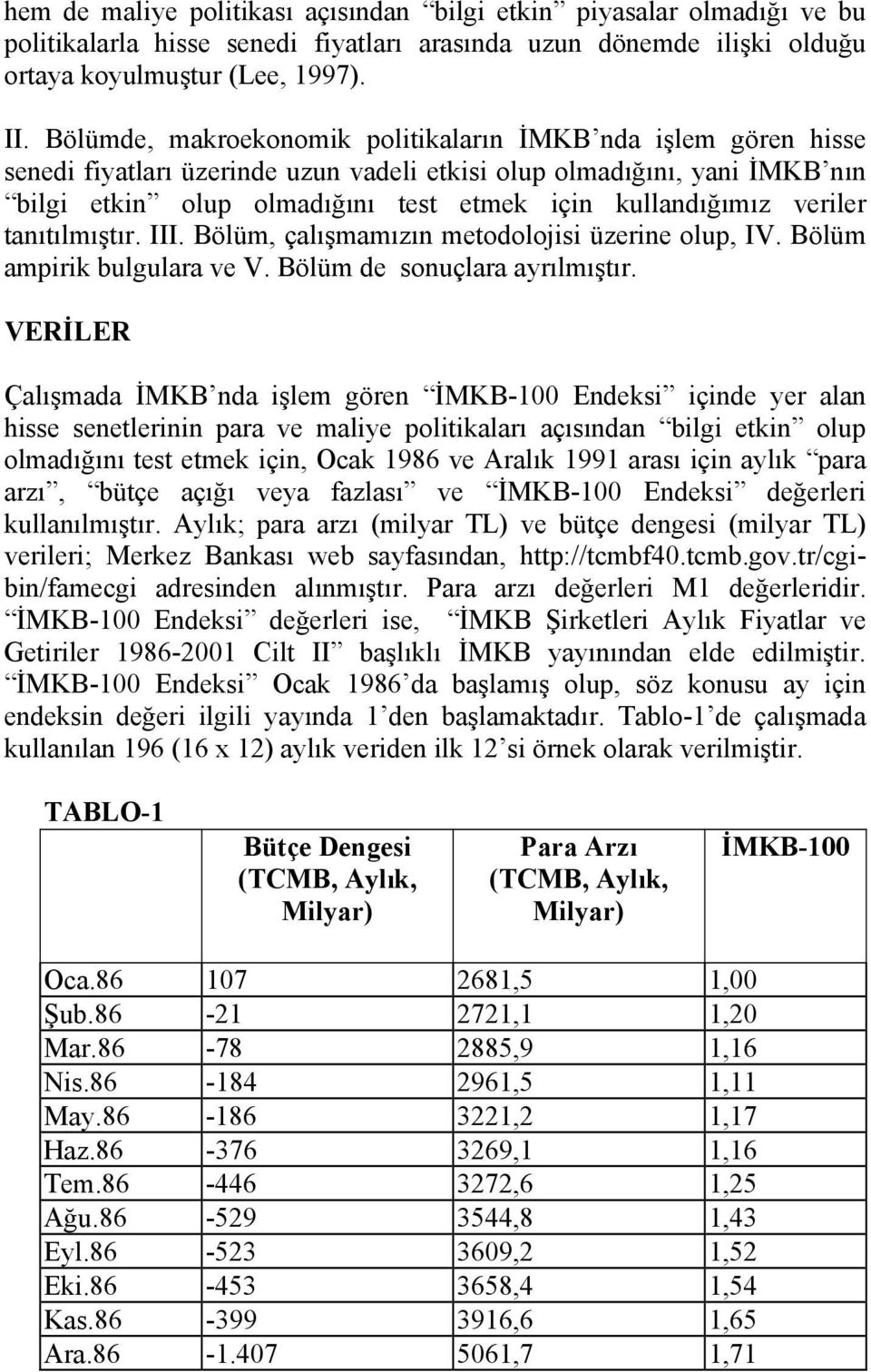 veriler tanıtılmıştır. III. Bölüm, çalışmamızın metodolojisi üzerine olup, IV. Bölüm ampirik bulgulara ve V. Bölüm de sonuçlara ayrılmıştır.