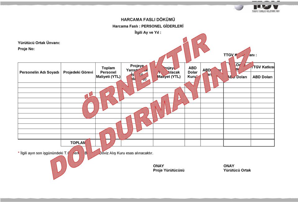 Projeye Yansıtılacak Maliyet (YTL) ABD Dolar Kuru* ABD Dolar Karşılığı Yür.