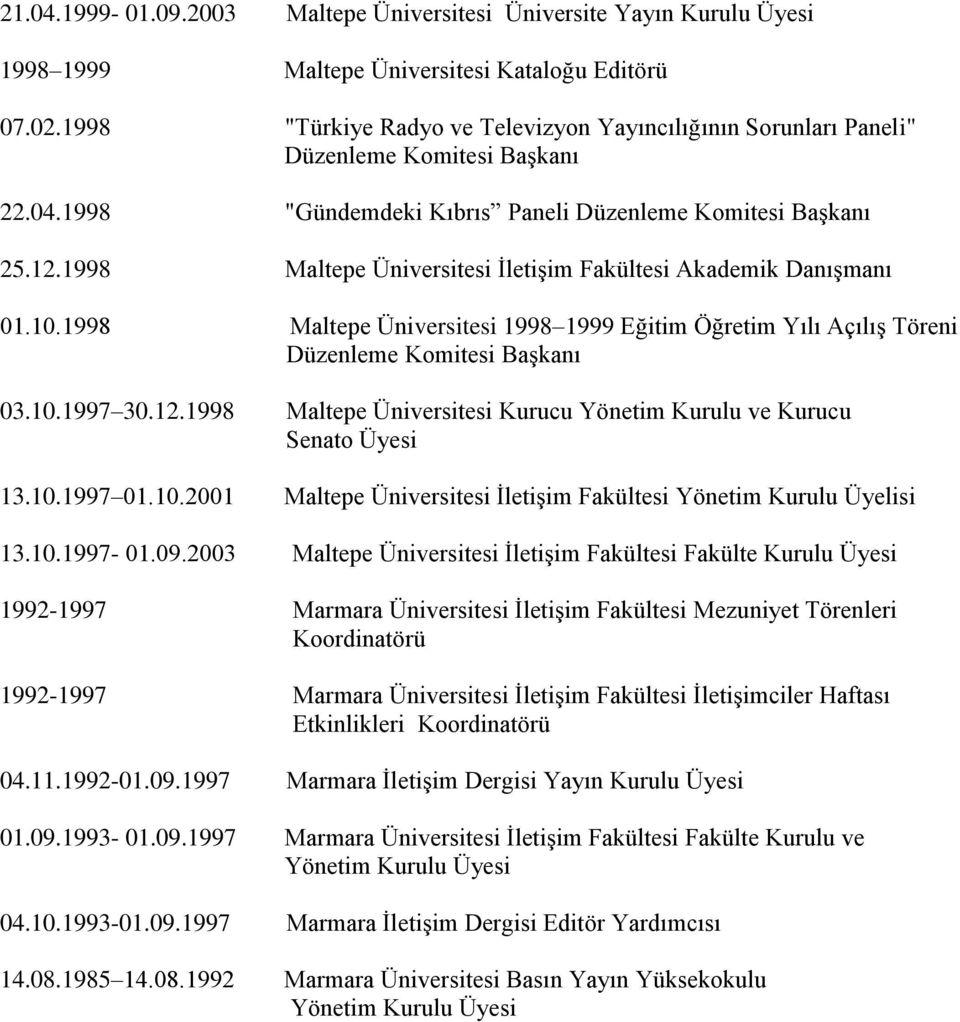 1998 Maltepe Üniversitesi Akademik Danışmanı 01.10.1998 Maltepe Üniversitesi 1998 1999 Eğitim Öğretim Yılı Açılış Töreni Düzenleme Komitesi Başkanı 03.10.1997 30.12.