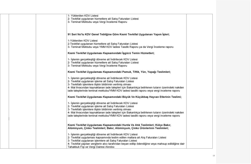 Uygulaması Kapsamındaki İşgücü Temin Hizmetleri; 1- İşlemin gerçekleştiği döneme ait İndirilecek KDV Listesi 2- Tevkifat uygulanan hizmetlere ait Satış Faturaları Listesi 3- Teminat Mektubu veya