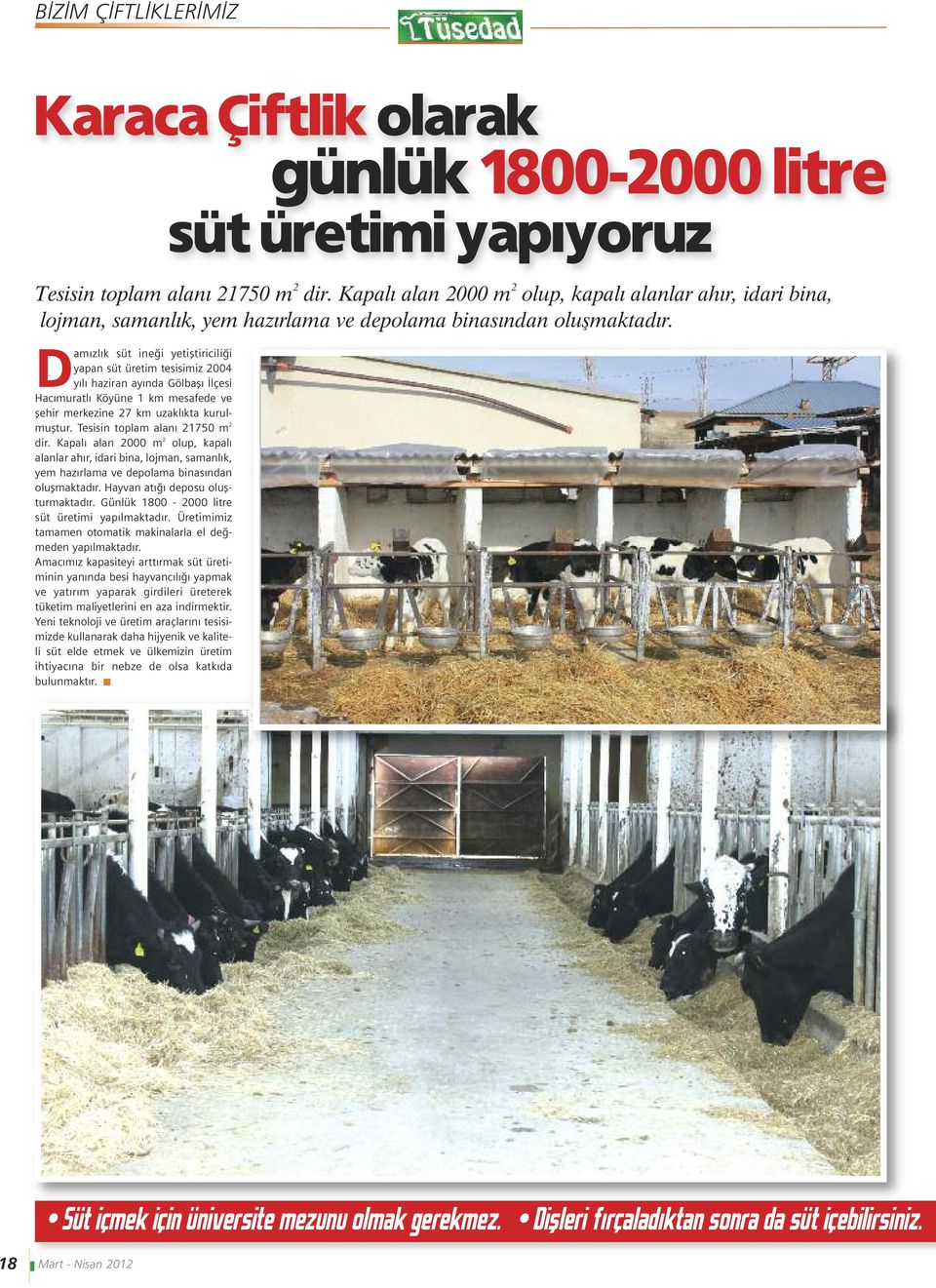 Damızlık süt ineği yetiştiriciliği yapan süt üretim tesisimiz 2004 yılı haziran ayında Gölbaşı İlçesi Hacımuratlı Köyüne 1 km mesafede ve şehir merkezine 27 km uzaklıkta kurulmuştur.
