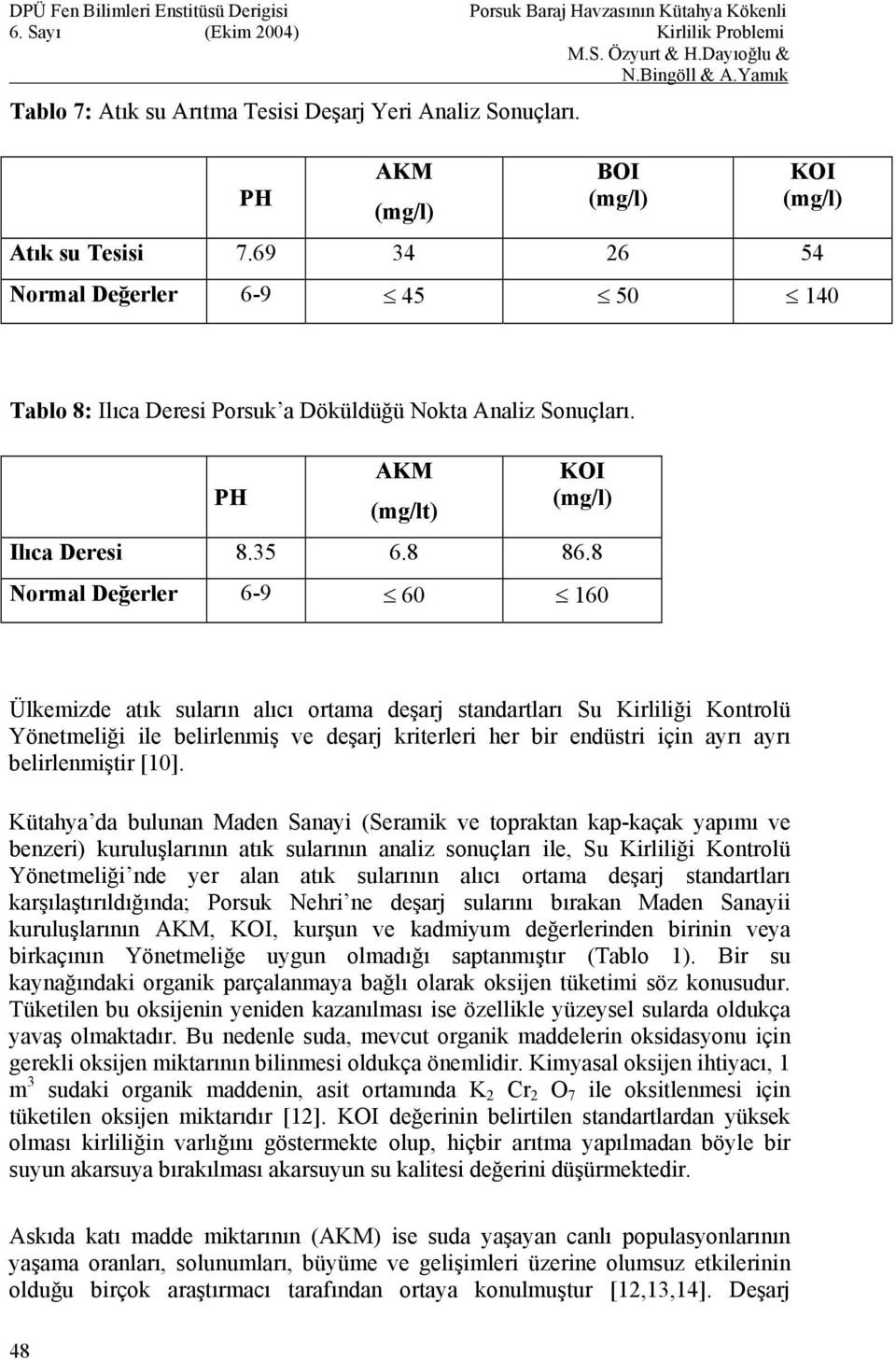 8 Normal Değerler 6-9 60 160 Ülkemizde atık suların alıcı ortama deşarj standartları Su Kirliliği Kontrolü Yönetmeliği ile belirlenmiş ve deşarj kriterleri her bir endüstri için ayrı ayrı