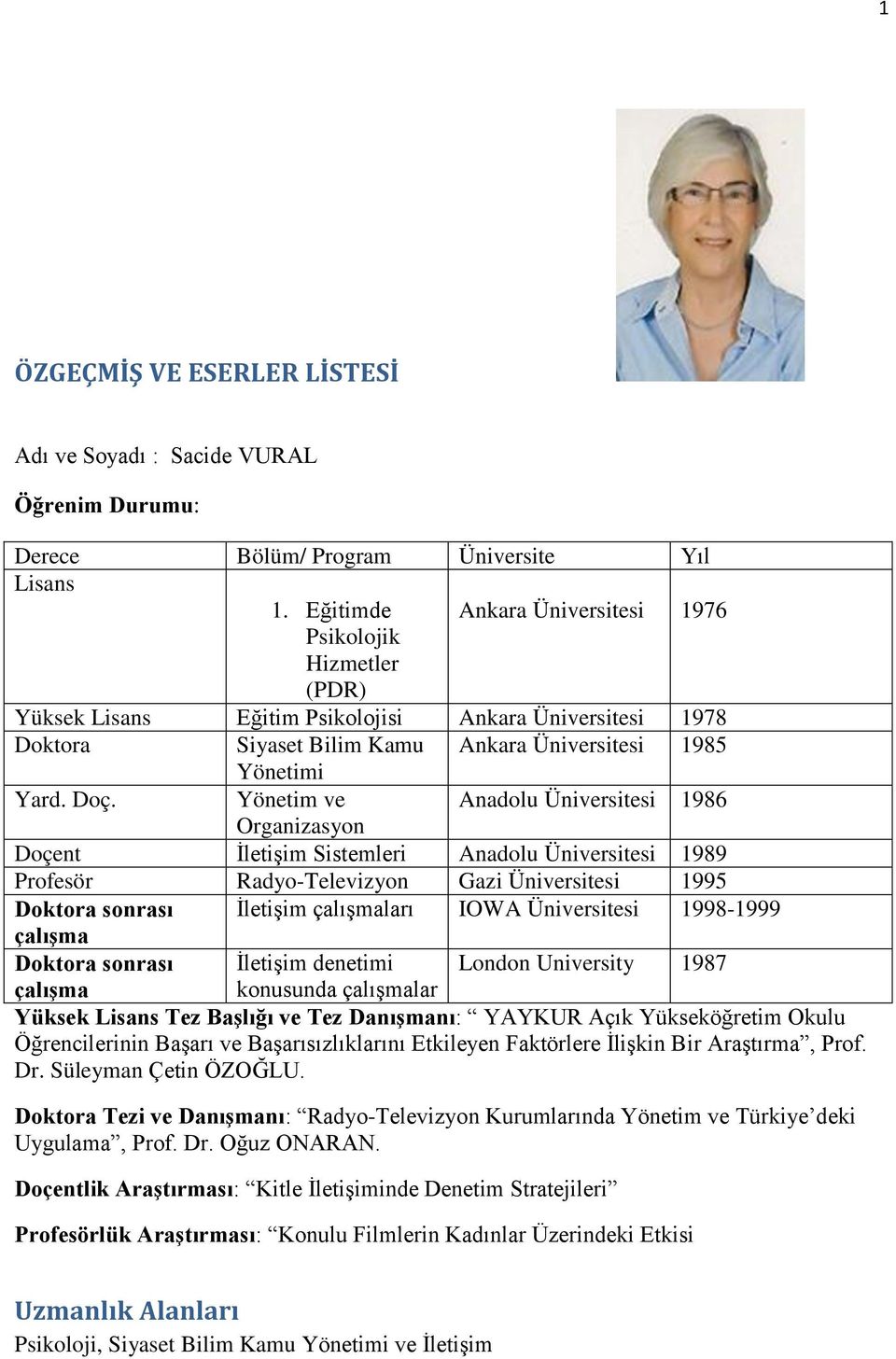 Yönetim ve Anadolu Üniversitesi 1986 Organizasyon Doçent İletişim Sistemleri Anadolu Üniversitesi 1989 Profesör Radyo-Televizyon Gazi Üniversitesi 1995 Doktora sonrası İletişim çalışmaları IOWA