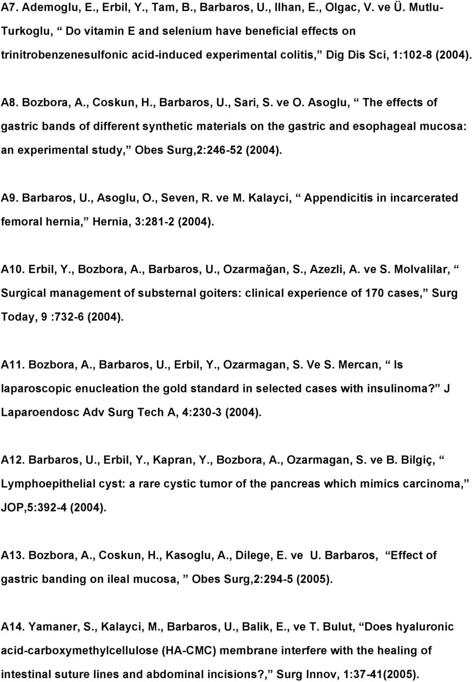 , Sari, S. ve O. Asoglu, The effects of gastric bands of different synthetic materials on the gastric and esophageal mucosa: an experimental study, Obes Surg,2:246 52 (2004). A9. Barbaros, U.