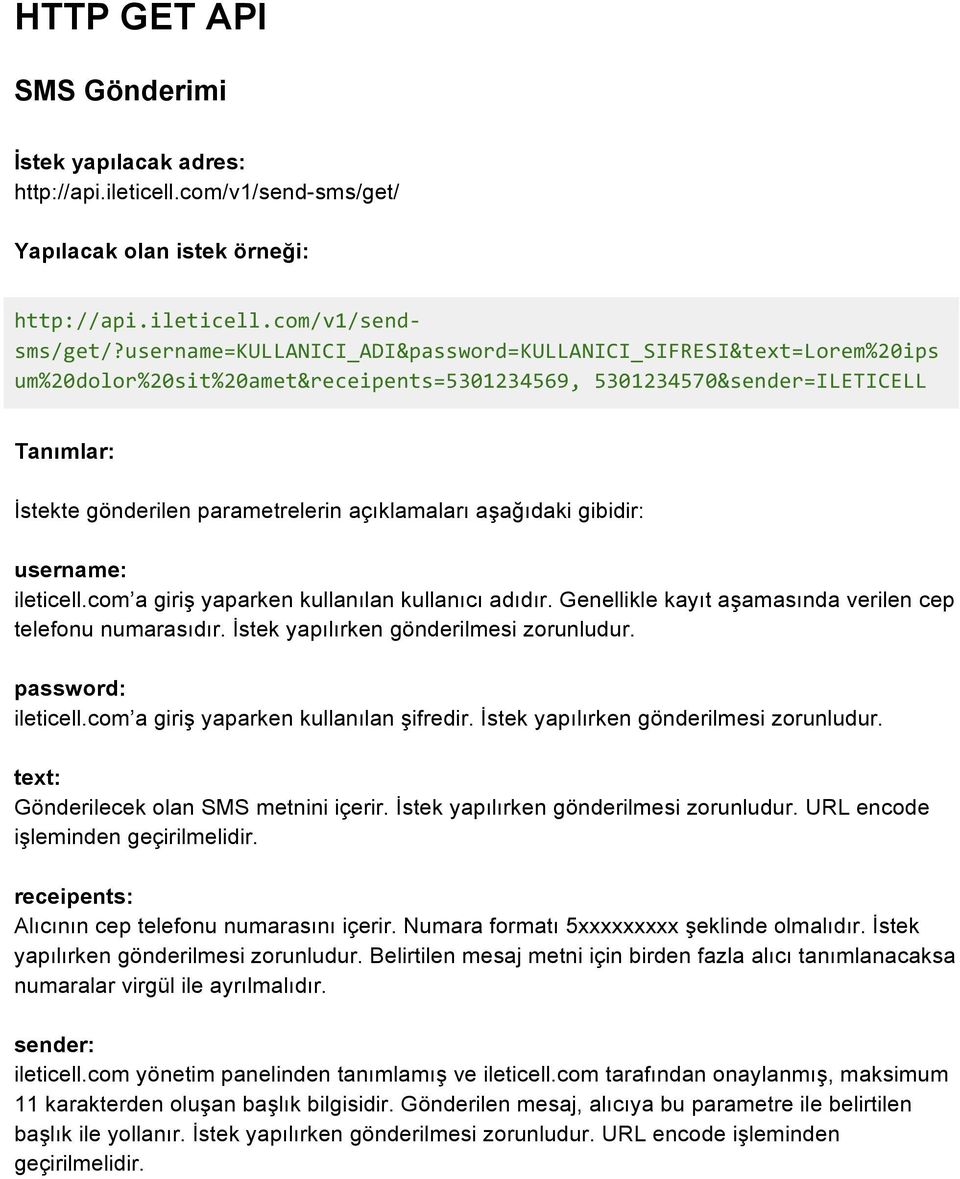 gibidir: username: ileticell.com a giriş yaparken kullanılan kullanıcı adıdır. Genellikle kayıt aşamasında verilen cep telefonu numarasıdır. İstek yapılırken gönderilmesi zorunludur.