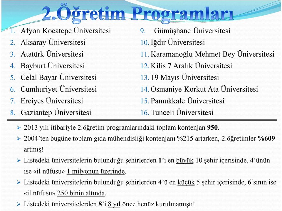 Osmaniye Korkut Ata Üniversitesi 15. Pamukkale Üniversitesi 16. Tunceli Üniversitesi 2013 yılı itibariyle 2.öğretim programlarındaki toplam kontenjan 950.