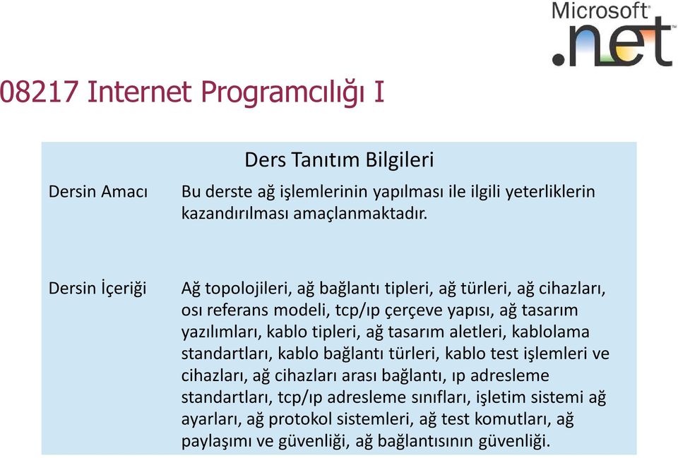 tipleri, ağ tasarım aletleri, kablolama standartları, kablo bağlantı türleri, kablo test işlemleri ve cihazları, ağ cihazları arası bağlantı, ıp adresleme