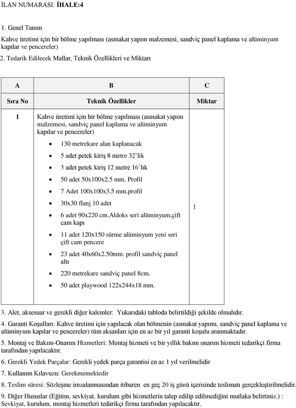 kapılar ve pencereler) 30 metrekare alan kaplanacak 5 adet petek kiriş 8 metre 32 lik 3 adet petek kiriş 2 metre 6 lık 50 adet 50x00x2.5 mm. Profil 7 Adet 00x00x3.5 mm.profil 30x30 flanj 0 adet 6 adet 90x220 cm.