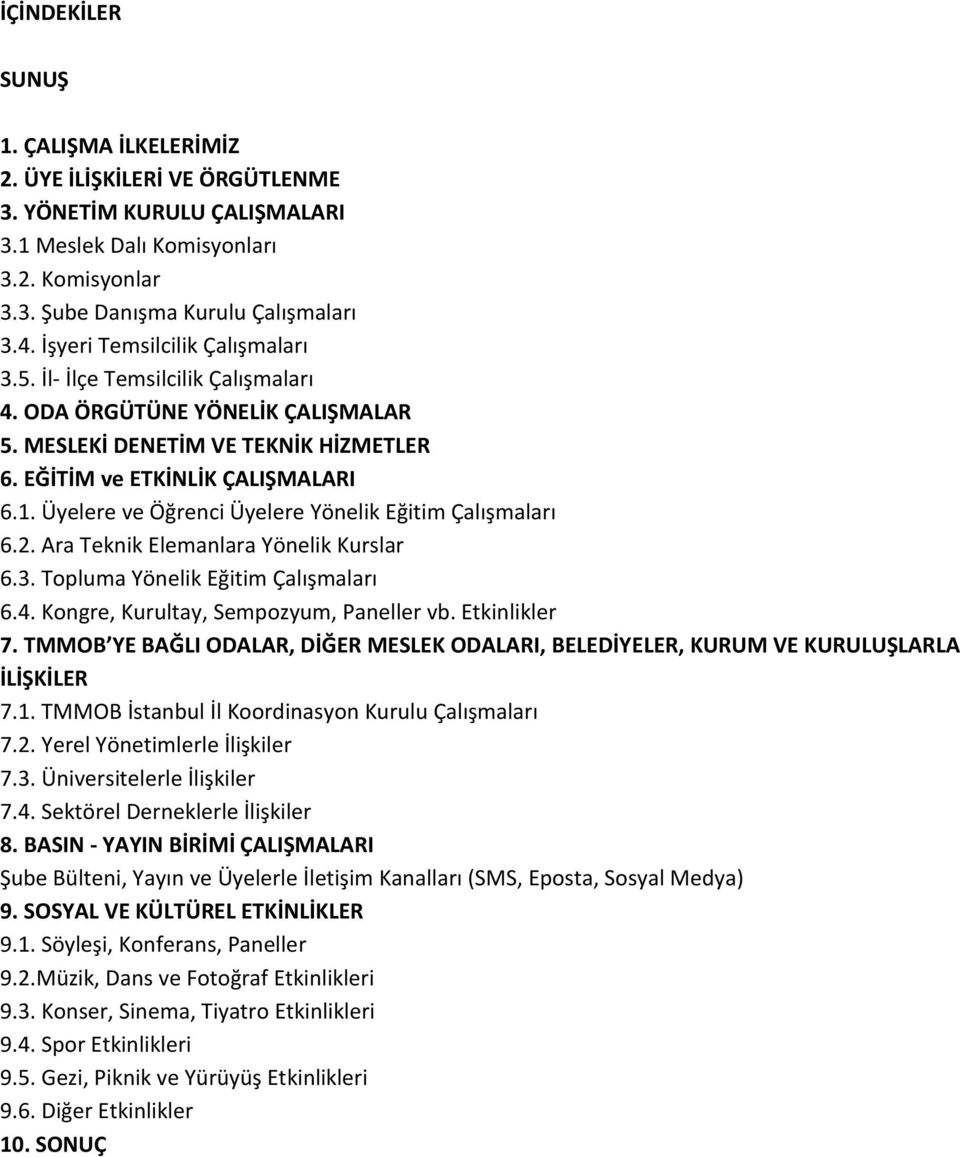 Üyelere ve Öğrenci Üyelere Yönelik Eğitim Çalışmaları 6.2. Ara Teknik Elemanlara Yönelik Kurslar 6.3. Topluma Yönelik Eğitim Çalışmaları 6.4. Kongre, Kurultay, Sempozyum, Paneller vb. Etkinlikler 7.