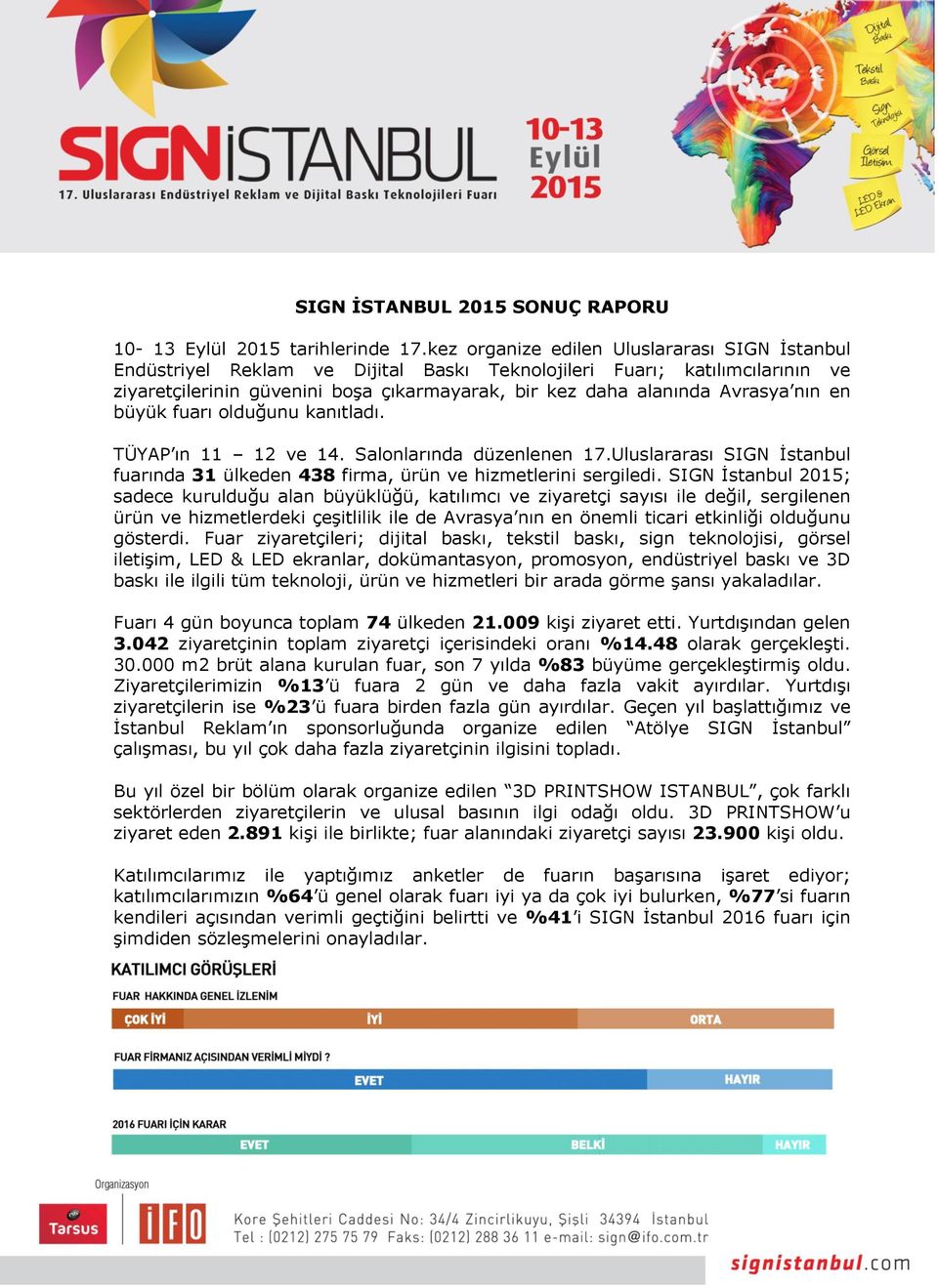 nın en büyük fuarı olduğunu kanıtladı. TÜYAP ın 11 12 ve 14. Salonlarında düzenlenen 17.Uluslararası SIGN İstanbul fuarında 31 ülkeden 438 firma, ürün ve hizmetlerini sergiledi.