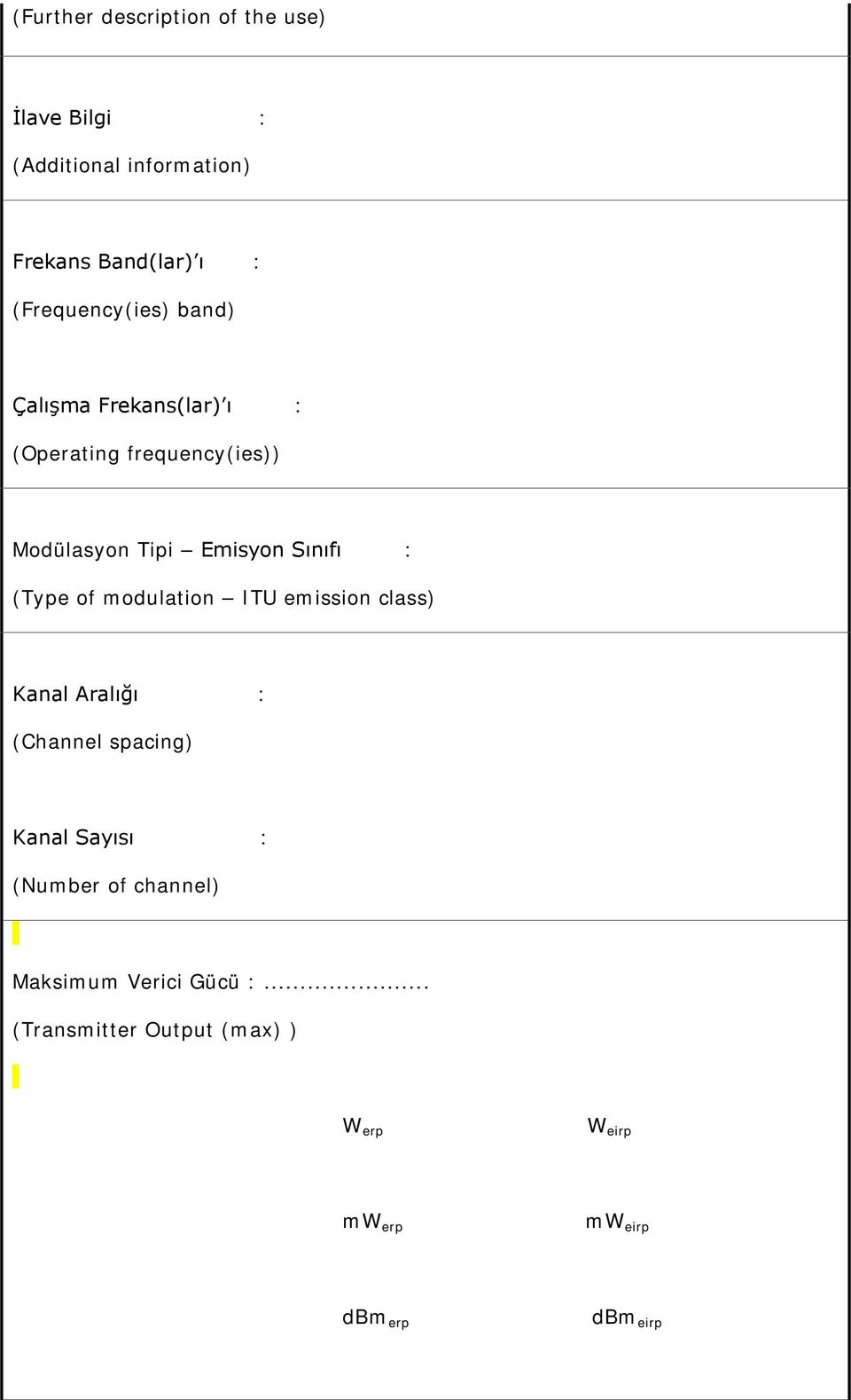 Sınıfı : (Type of modulation ITU emission class) Kanal Aralığı : (Channel spacing) Kanal Sayısı :