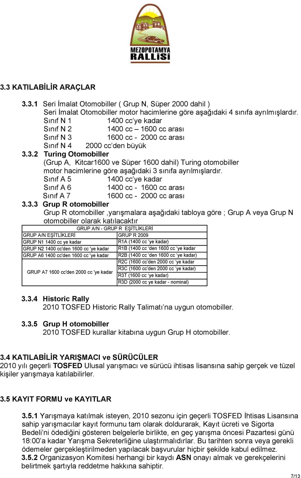 1600 cc - 2000 cc arası Sınıf N 4 2000 cc den büyük 3.3.2 Turing Otomobiller (Grup A, Kitcar1600 ve Süper 1600 dahil) Turing otomobiller motor hacimlerine göre aşağıdaki 3 sınıfa ayrılmışlardır.