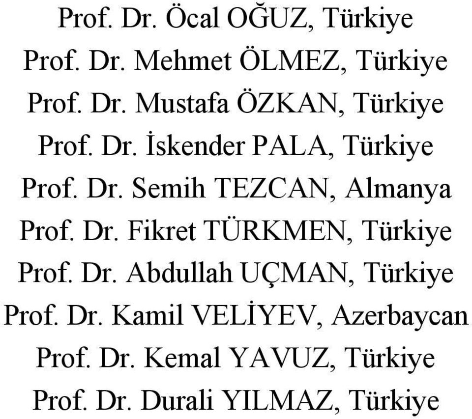 Dr. Abdullah UÇMAN, Türkiye Prof. Dr. Kamil VELİYEV, Azerbaycan Prof. Dr. Kemal YAVUZ, Türkiye Prof.