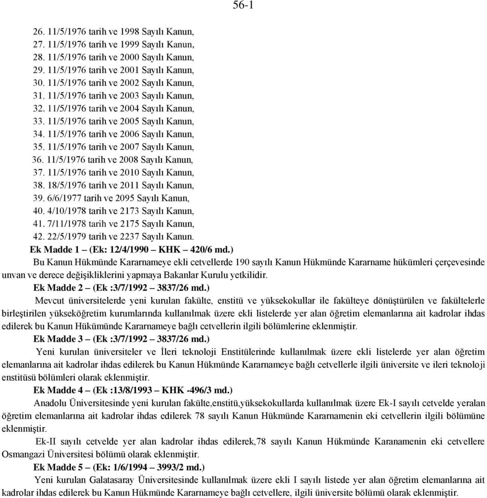 11/5/1976 tarih ve 2006 Sayılı Kanun, 35. 11/5/1976 tarih ve 2007 Sayılı Kanun, 36. 11/5/1976 tarih ve 2008 Sayılı Kanun, 37. 11/5/1976 tarih ve 2010 Sayılı Kanun, 38.